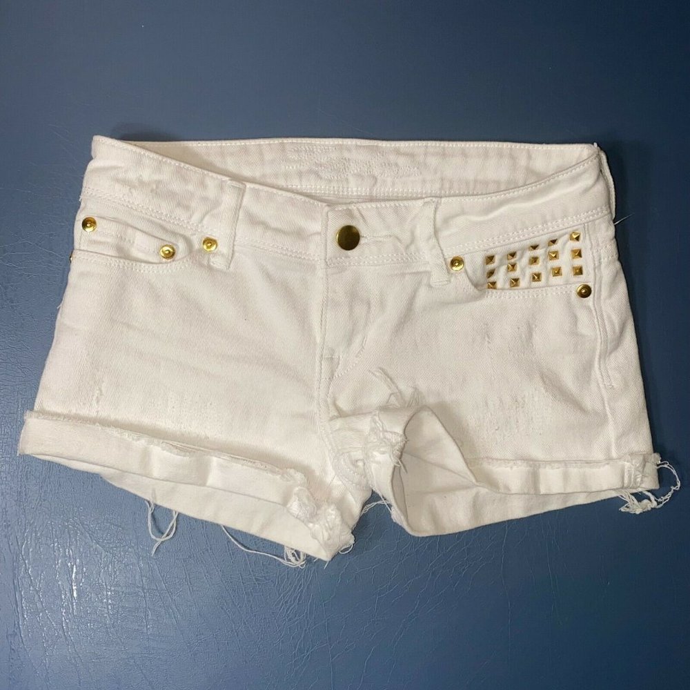 dElia's White Jean Shorts / Jr girl woman 00 /Gold Rivets/Fringe/Distressed(526)